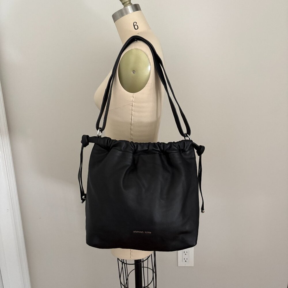 Michael Kors Angelina Black Leather Drawstring Shoulder Bag Quiet Luxury Hobo